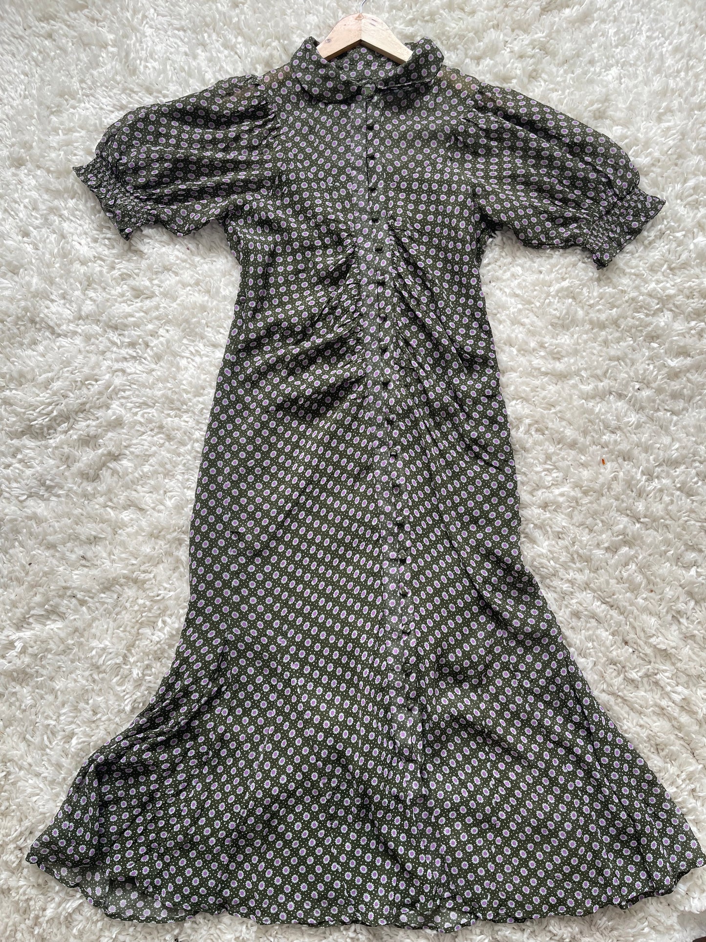 Elegant Anthropologie Puff-Sleeve Ruched Mesh Midi Dress