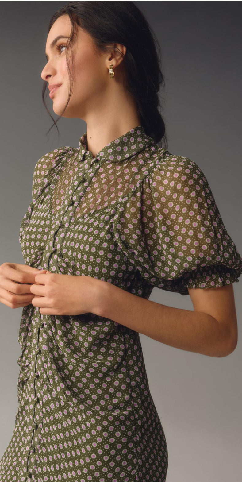 Elegant Anthropologie Puff-Sleeve Ruched Mesh Midi Dress