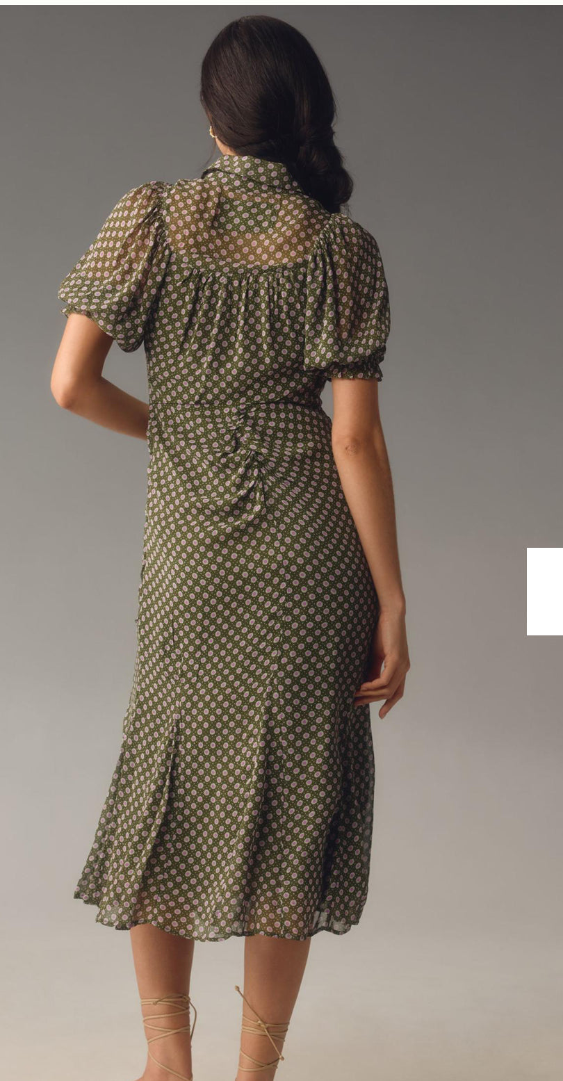 Elegant Anthropologie Puff-Sleeve Ruched Mesh Midi Dress